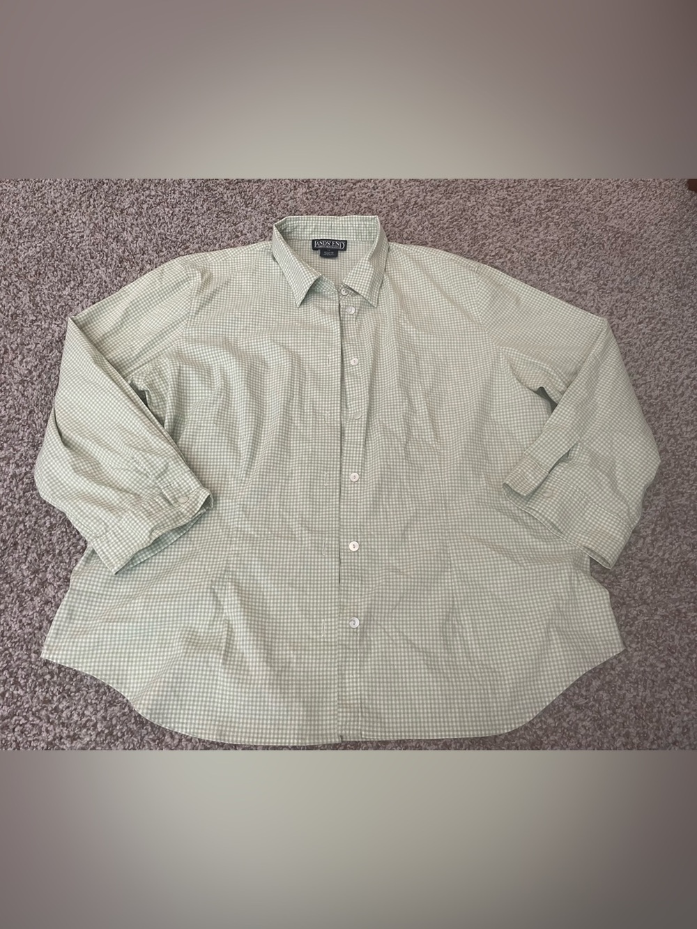 Lands End Women’s Green Plaid Button Down Shirt 3/4 Sleeves Size 14